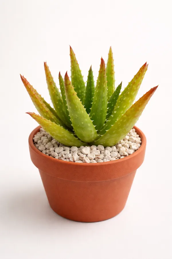 Benekli Aloe (Aloe vera var. chinensis) saksıda yetiştirilen ev bitkisi; ince yapraklı, boyu fazla uzamayan ve olgunlaştığında da beyaz beneklerini kaybetmeyen aloe vera türü yakın plan görünüm.
