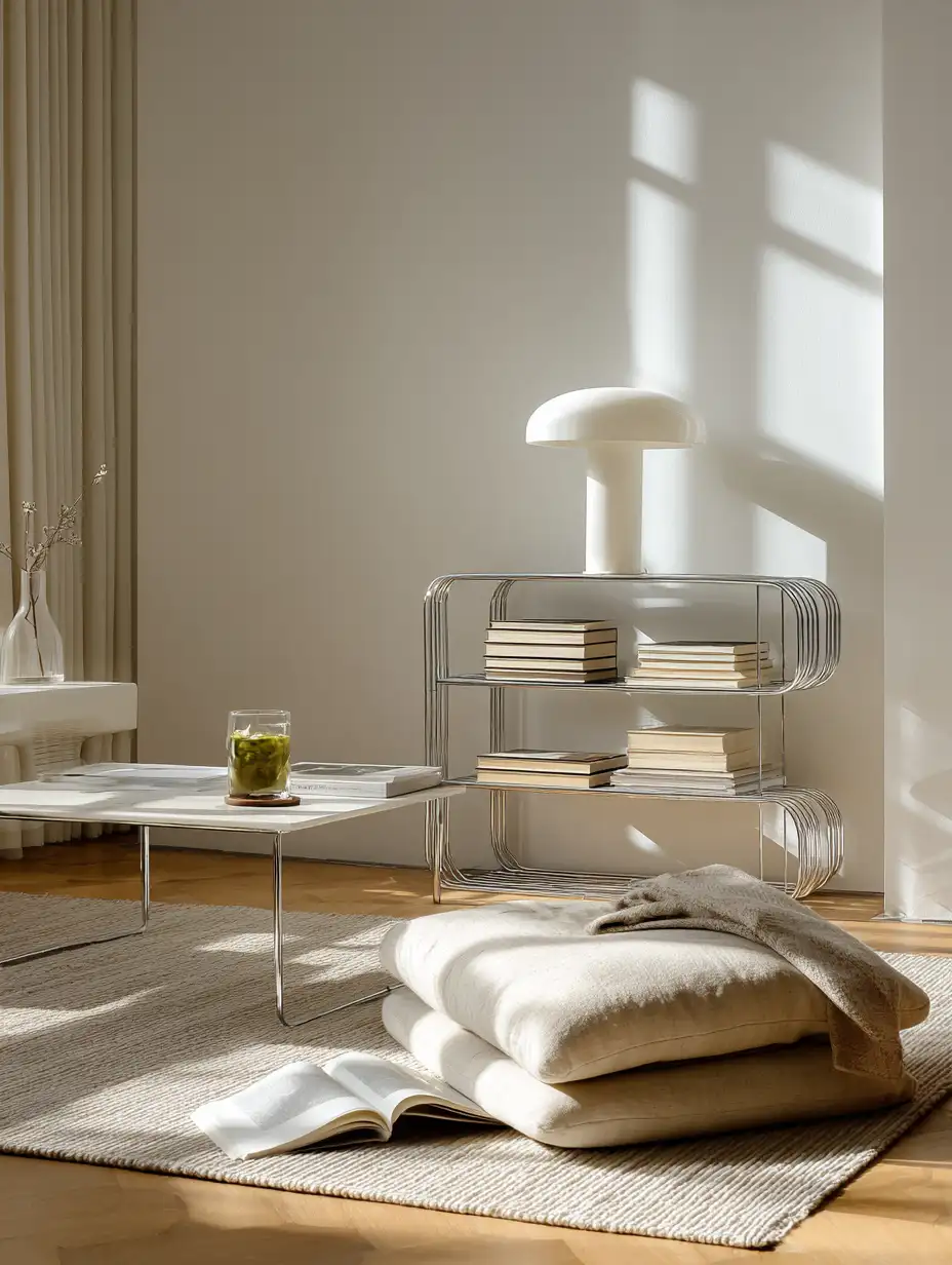Güneş ışığıyla aydınlanan minimalist bir oda. Krom boru raflarda kitaplar ve beyaz mantar lamba sergileniyor. Yerdeki minderler ve açık kitap, dekorasyon tutkunları için huzurlu bir hediye fikri