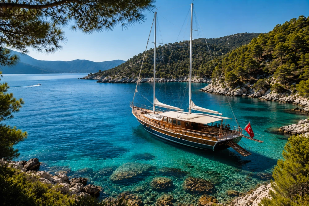 Türkiye'nin turkuaz sularında, yemyeşil çam ağaçlarıyla kaplı tepelerin çevrelediği sakin bir koyda demirlemiş, Türk bayraklı, ahşap bir gulet, tekne kiralama veya charter deneyimi arayanlar için muhteşem bir manzarayı gözler önüne seriyor.