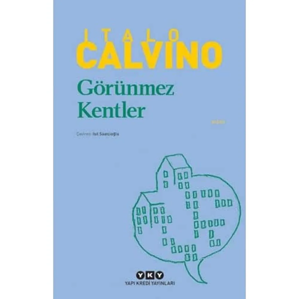Açık mavi zemin üzerine Italo Calvino'nun sarı harflerle yazılmış adının ve yeşil harflerle Görünmez Kentler başlığının yer aldığı, düşünce balonu şeklinde soyut binalar içeren çizimle dikkat çeken bu kitap kapağı, deniz kenarında keyifle okunacak sürükleyici eserlerden birini temsil ediyor.
