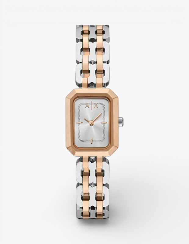 Kadınlar için Sevgililer Günü hediye önerisi olan Armani Exchange kol saati, gümüş ve rose gold renkli çift tonlu kordonu ve gümüş kadranlı dikdörtgen kasasıyla öne çıkıyor.