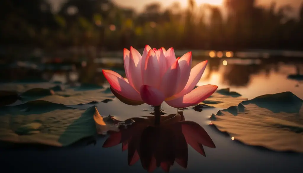 Gün batımında, yapraklar arasında suda yüzen soluk pembe lotus çiçeği. Altın sarısı ışıklarla çevrelenmiş, huzurlu ve dingin bir atmosferde öne çıkan lotus çiçeği.