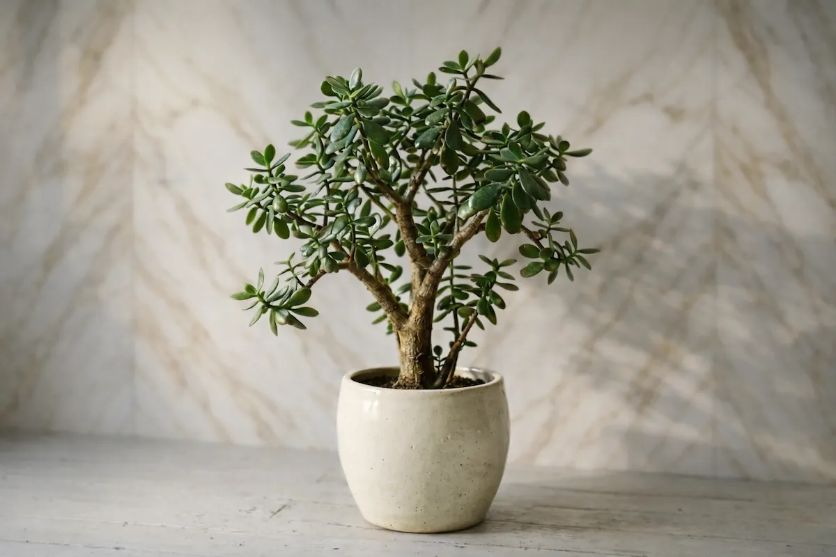 Kalın gövdeli ve çok sayıda etli yeşil yapraklı sağlıklı bir Para çiçeği (Crassula Ovata), açık renkli seramik saksısında, hafif desenli mermer görünümlü bir duvarın önündeki açık renkli bir yüzeyde duruyor ve evde bereket enerjisi için Para çiçeği bakımı konusunu vurguluyor.