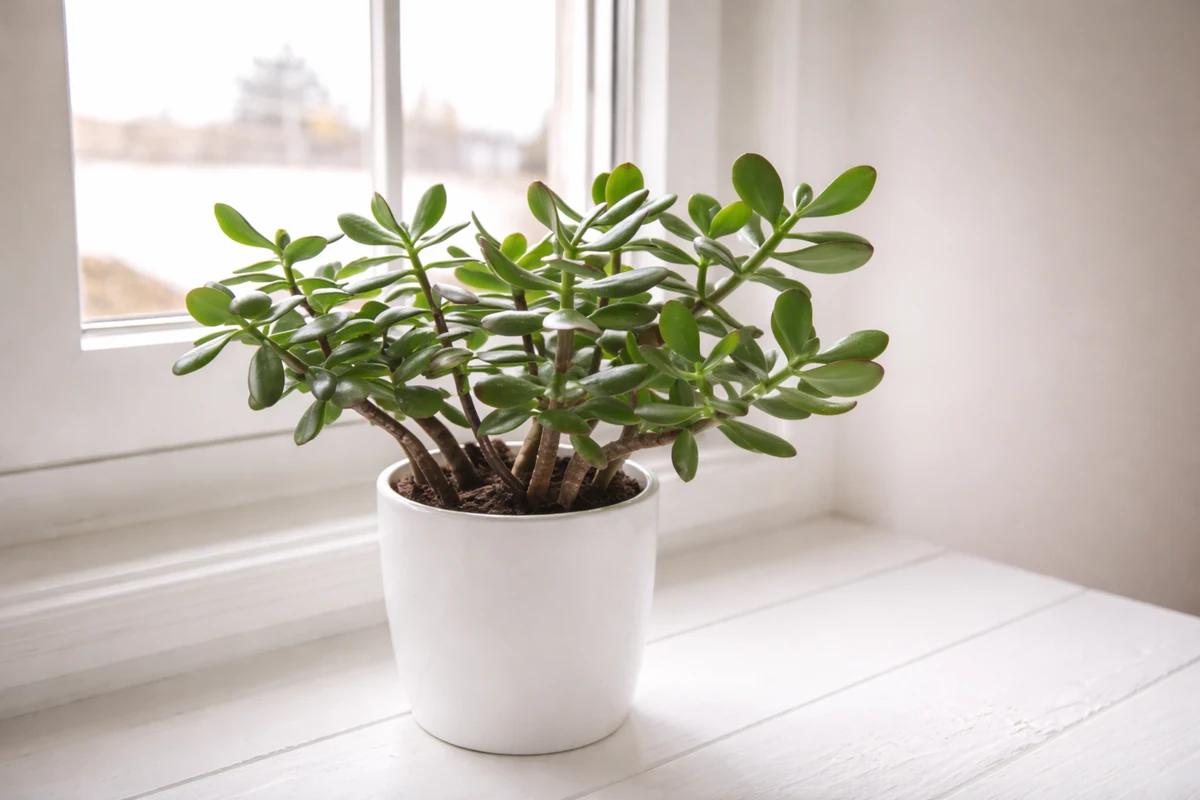 Beyaz bir saksı içinde, kalın ve parlak yeşil yapraklarıyla sağlıklı görünen bir Crassula ovata, evinizde ışığı doğru alabileceği ideal bir konum olan pencere kenarındaki beyaz pervazda huzurla duruyor.