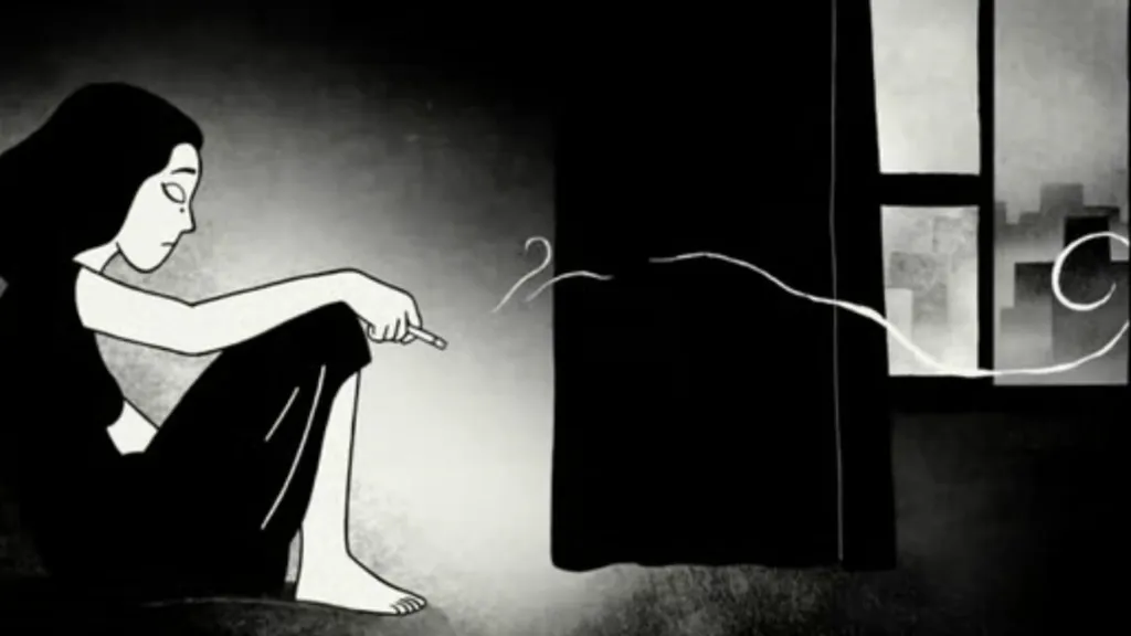 Persepolis filminden bir sahnede, siyah-beyaz animasyon stiliyle çizilmiş genç bir kadın pencere kenarında oturuyor ve sigara içiyor. Duman, odadan süzülerek pencereye ve dışarıdaki gri şehir manzarasına doğru ilerliyor. Bu sahne, Marjane Satrapi'nin İran'daki çocukluğundan Avrupa'daki yalnızlığına uzanan otobiyografik hikâyesinin görsel bir yansımasıdır.