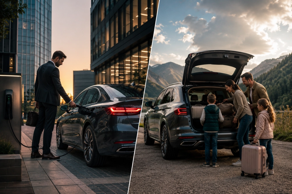 Şehirde iş kıyafetiyle şarj istasyonunda bir plug-in hibrit sedan otomobilini şarj eden bir adam ile dağlık bir alanda bagajını yükleyen bir ailenin olduğu bir SUV'un yan yana gösterildiği bu görsel, şarj edilebilir hibrit otomobillerin hem günlük şehir içi kullanım hem de uzun yolculuklardaki pratik avantajlarını vurguluyor.