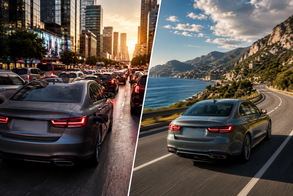 Bir plug-in hibrit otomobilin, solda şehir içi yoğun trafikte şarj edilirken, sağda ise denize nazır bir kıyı yolunda seyahat ederken görüldüğü bu görüntü, aracın uzun yol ve şehir içi kullanım esnekliğini vurguluyor.
