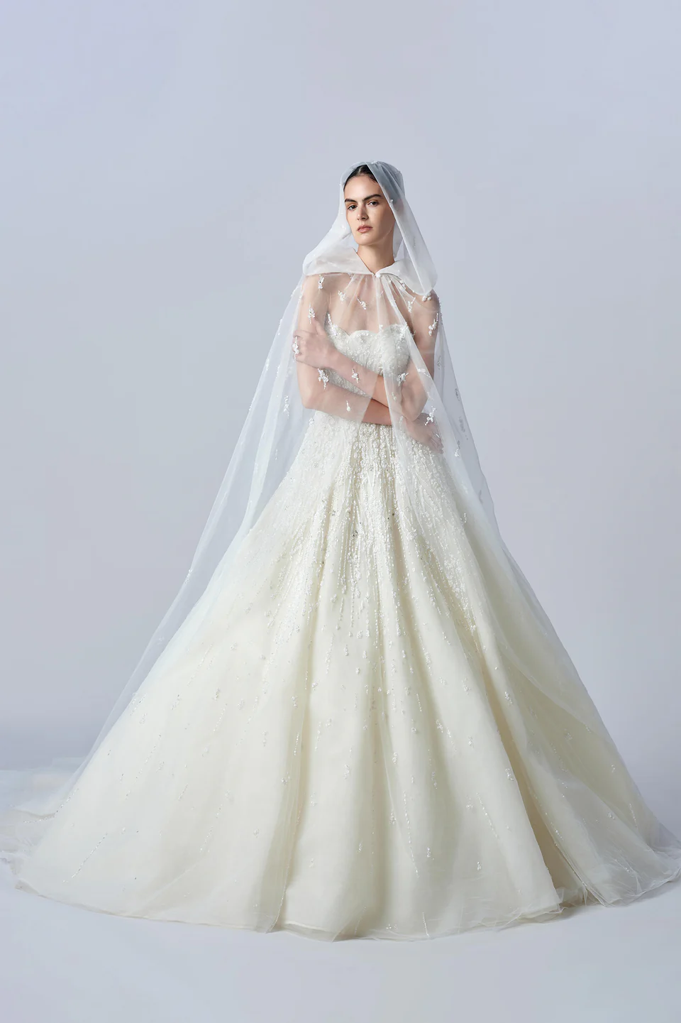 Elie Saab 2026 sonbahar koleksiyonundan transparan pelerin detaylı, işlemeli, hacimli etekli romantik prenses gelinlik.