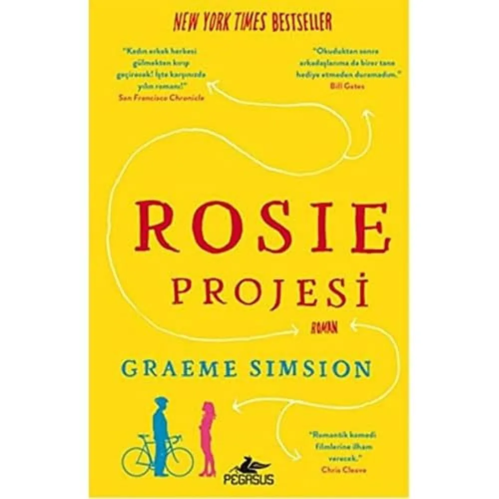 Rosie Projesi romanının parlak sarı kapağında, Graeme Simsion imzasıyla büyük kırmızı harflerle yazılmış başlık, altında bir bisiklet ve yanında duran mavi erkek ile pembe kadın siluetleri yer alırken, New York Times Bestseller ibaresi taşıyan bu sürükleyici eser, plaj çantanızdan ayırmak istemeyeceğiniz tatil kitapları arasında öne çıkıyor.
