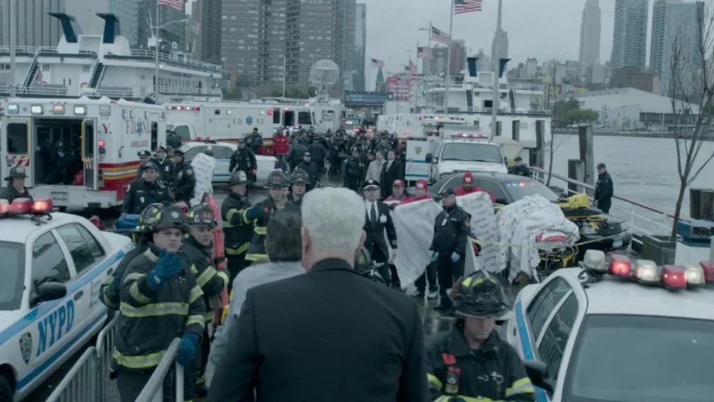 Sully filminden bir sahne: New York kıyısında, polisler, itfaiyeciler ve sağlık ekipleri büyük bir kurtarma operasyonu sırasında iskelede toplanmış. Ön planda, sırtı dönük şekilde yürüyen beyaz saçlı adam (Sully) kalabalığa ilerliyor. Sahne, Hudson Nehri'ne acil iniş yapan uçağın ardından yaşanan kaotik ama organize müdahaleyi yansıtıyor.