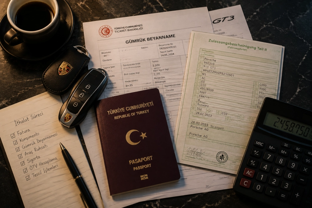 Mermer bir masa üzerinde Türk pasaportu, Porsche araç anahtarı, gümrük beyannamesi, Alman araç ruhsatı ve ithalat süreci kontrol listesi gibi yurt dışından otomobil ithalatı için gerekli belgeler ve eşyalar, bir hesap makinesi ve kahve bardağı ile birlikte düzenli bir şekilde sergileniyor.