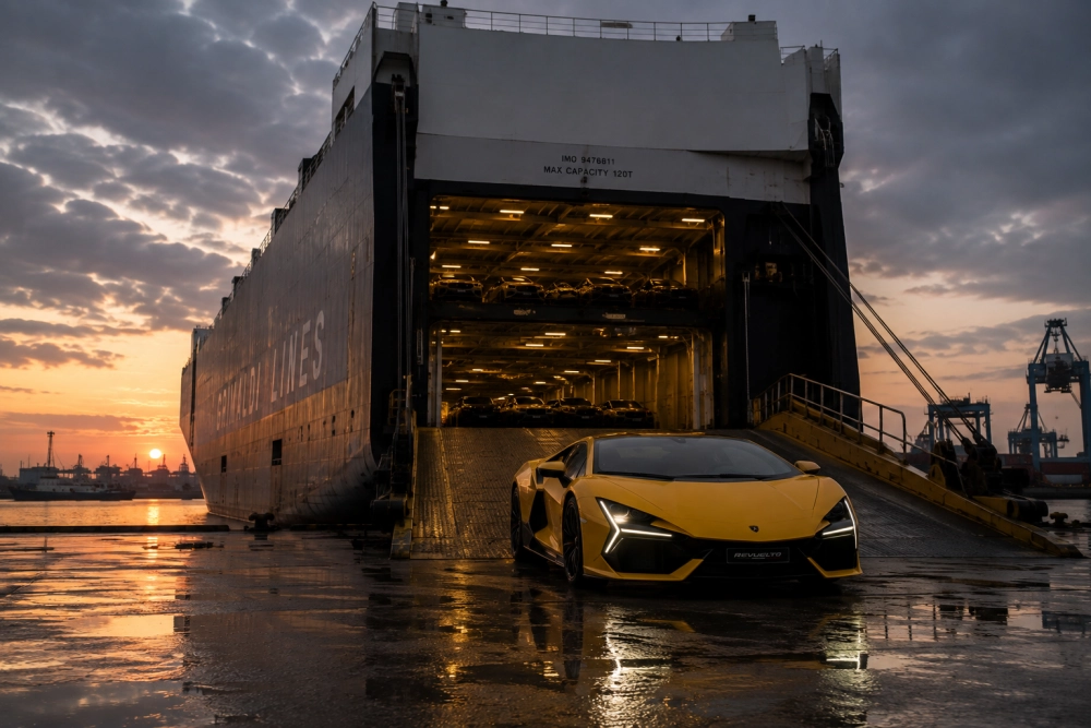Gün batımının kızıl ve turuncu tonlarında, büyük bir araç taşıma gemisinin açık rampasından çıkan parlak sarı bir Lamborghini Revuelto, yurt dışından otomobil ithalatını vurgulayan, geminin katları dolusu diğer araçlarla dolu olduğu ıslak bir liman ortamında görülüyor.