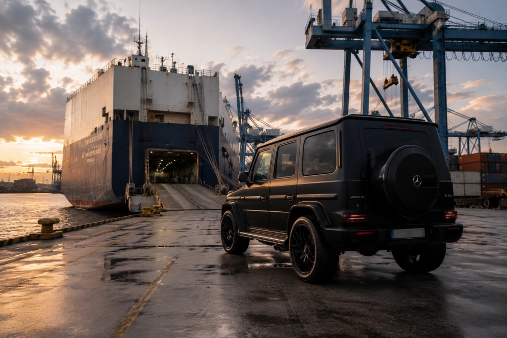 Gün batımında ıslak rıhtımda bekleyen siyah Mercedes-AMG G63 otomobil, arkasındaki geniş kargo gemisine açılan rampaya doğru dururken, yurt dışından otomobil ithalatı ve geçici ithalat süreçlerinin bir parçası olarak liman hareketliliğini gözler önüne seriyor.