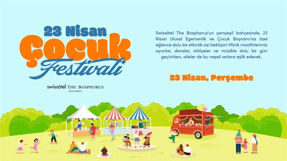 Canlı bir illüstrasyon, Swissôtel The Bosphorus'un yemyeşil bahçesinde düzenlenen 23 Nisan Çocuk Festivali'ni gösteren, çocukların oyunlar oynadığı, ailelerin piknik yaptığı, yiyecek tezgahları ve bir müzik grubunun olduğu neşeli bir ortamda Ulusal Egemenlik ve Çocuk Bayramı kutlamasının eğlencesini yansıtıyor.