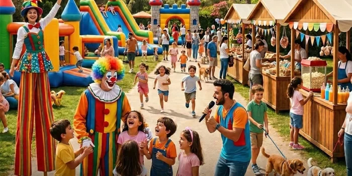 Renkli şişme kale ve kaydırakların bulunduğu oyun alanları, palyaçolar, uzun bacaklı göstericiler, çeşitli yiyecek stantları ve şarkı söyleyen bir animatör eşliğinde neşeyle koşturup eğlenen çok sayıda çocuk ve yetişkinle dolu, canlı bir çocuk şenliği görüntüsü.