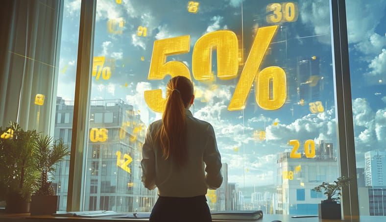 Büyük cam ofis penceresinden dışarı bakan kadın, camda yansıyan dev sarı yüzde 50 indirim yazısı dikkat çekiyor.

