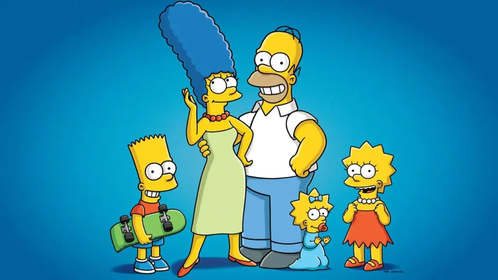 The Simpsons dizisinin simgeleşmiş karakterleri Homer, Marge, Bart, Lisa ve Maggie renkli arka planda poz veriyor.