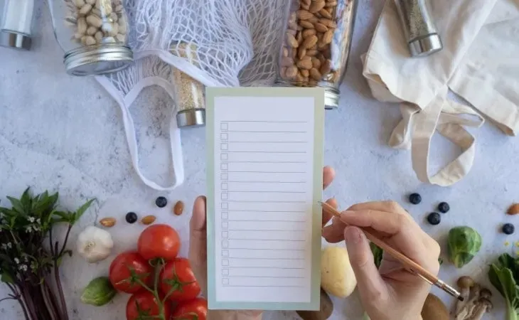 Sıfır atık kavanozlar, file çanta ve taze sebzelerle çevre dostu vegan alışveriş listesi hazırlayan el; sürdürülebilir yaşam ve bitkisel beslenme planlaması.