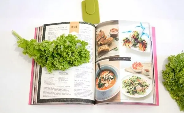 Açık bir vegan tarif kitabı üzerinde taze kıvırcık yeşillikler; bitki bazlı yemek ilhamı ve sürdürülebilir mutfak önerileriyle dolu görsel.