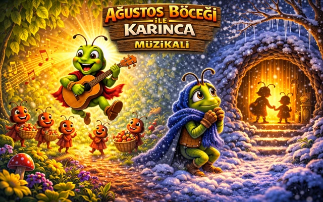 Solda neşeli bir Ağustos Böceği gitar çalarken Karıncalar yazın yiyecek topluyor; sağda ise aynı Ağustos Böceği kışın soğukta üşürken Karıncalar sıcak inlerinde görülüyor, bu resim Ağustos Böceği ile Karınca Müzikali'nin hikayesini canlı bir şekilde anlatıyor.