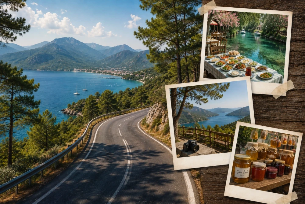 Türkiye'nin sürüş rotaları içinde öne çıkan Akyaka Gökova Yolu'nun deniz manzaralı virajlı bölümünü gösteren ana görüntüde, sağ üstte Azmak Nehri kenarındaki serpme kahvaltı sofrası, ortada manzara seyir noktasındaki fotoğraf makinesi ve altta yöresel çam balı kavanozlarının olduğu polaroid fotoğraflar yer alıyor.
