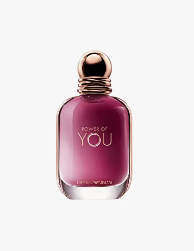 Emporio Armani Power of You kadın parfümü, pembe degrade cam şişe tasarımıyla beyaz fonda ürün çekimi.