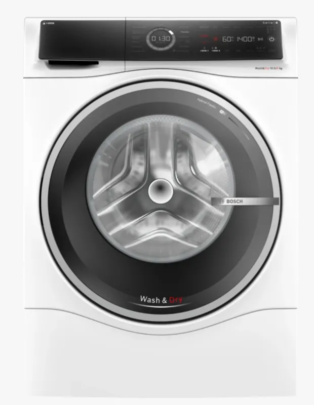 Beyaz renkli Bosch marka önden yüklemeli çamaşır ve kurutma makinesi; geniş siyah çerçeveli cam kapak, dijital kontrol paneli ve “Wash & Dry” ibareli modern tasarım.
