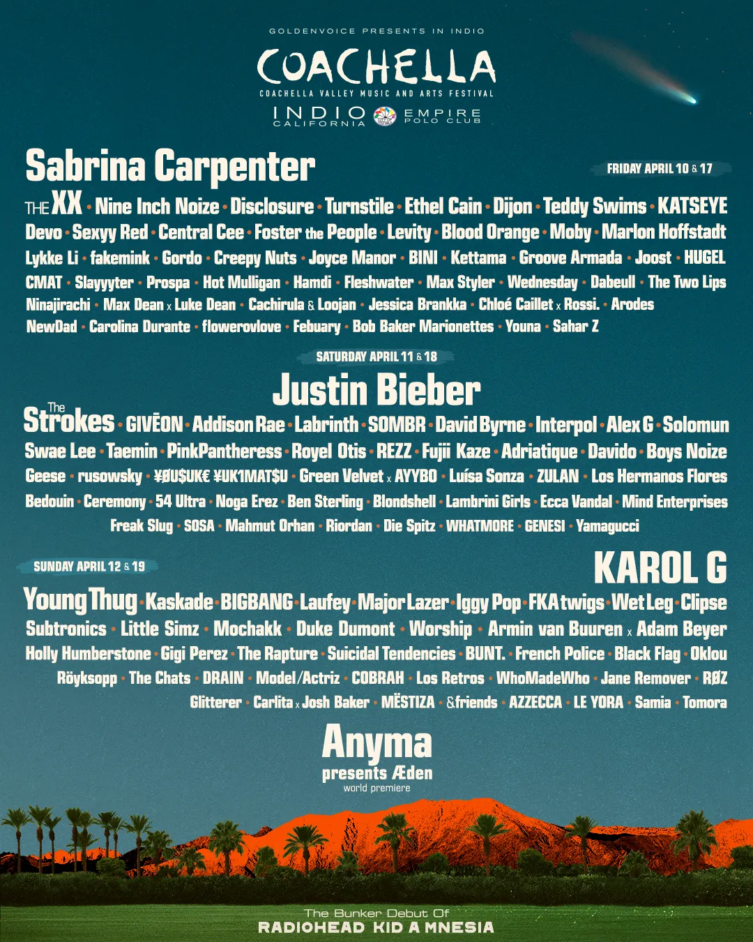 Coachella Vadisi Müzik ve Sanat Festivali'nin 10-19 Nisan tarihlerini gösteren, Sabrina Carpenter, Justin Bieber ve Karol G gibi baş sanatçıların bulunduğu detaylı kadroyu sergileyen bu poster, başlıkta bahsedilen gelecekteki kimler olacak (lineup) beklentileri için önemli bir örnek sunuyor.
