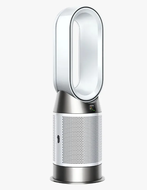 Gümüş ve beyaz renkli, oval halkalı tasarıma sahip Dyson hava temizleme ve ısıtma cihazı; alt kısmı delikli filtre bölümü, üst kısmı boş halkalı fan yapısı ile beyaz arka plan üzerinde ürün görseli.