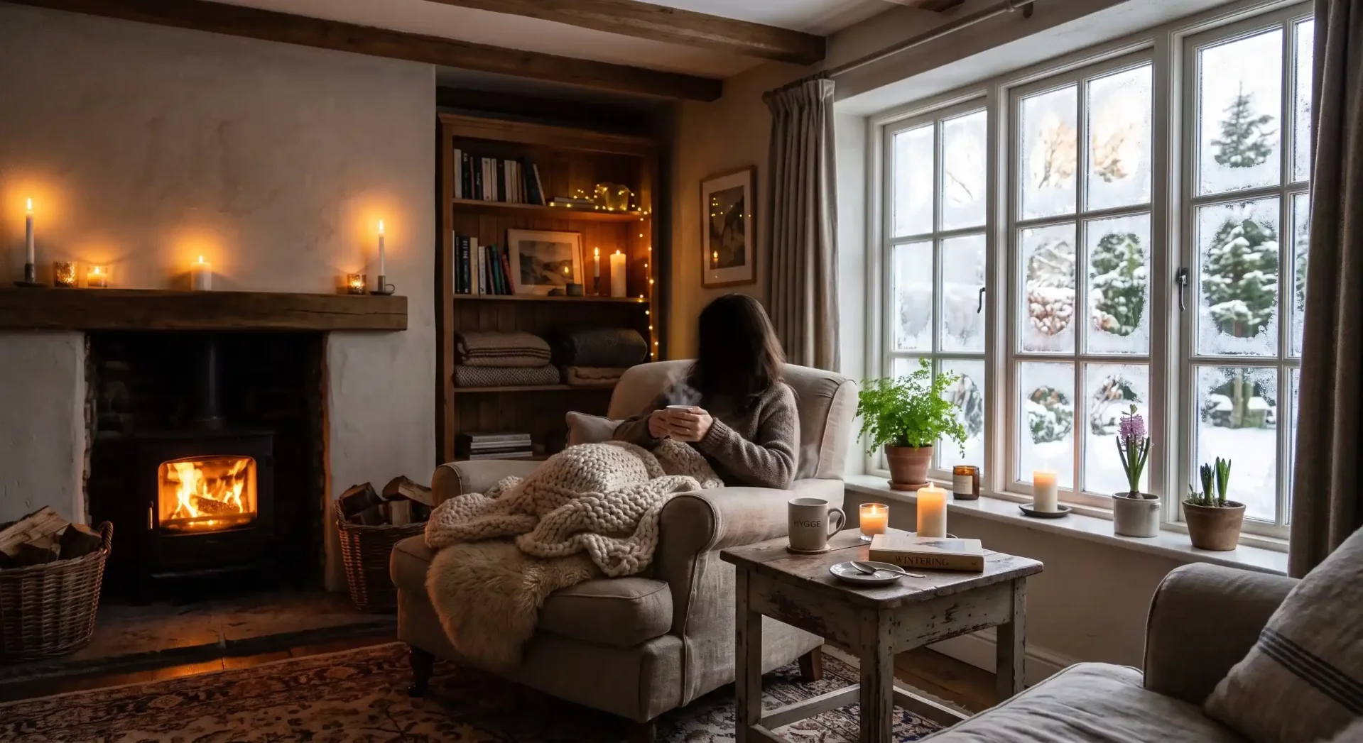 Sıcacık yanan şöminenin ve mumların loş ışıklarının aydınlattığı, karla kaplı dışarının soğuğuna inat içeride sıcak ve konforlu bir hygge atmosferi oluşturan odada, battaniyesine sarınmış bir kişinin elinde buharlı içeceğiyle keyifli anlar yaşadığı huzurlu bir kış günü.