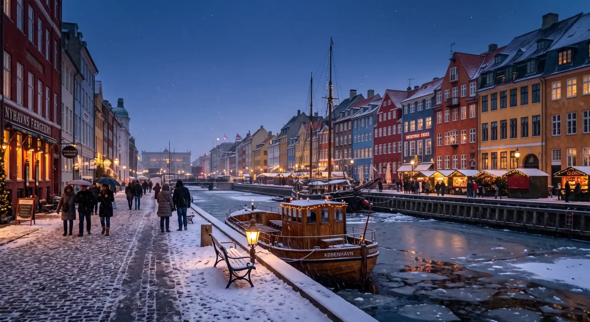 Kış akşamında karla kaplı Kopenhag'ın Nyhavn kanalında, rengarenk binaların sıcak ışıkları altında gezen insanlar ve buzlu suya demirlemiş tekneler, hygge felsefesinin kış mevsimindeki samimi ve huzurlu ruhunu yansıtıyor.