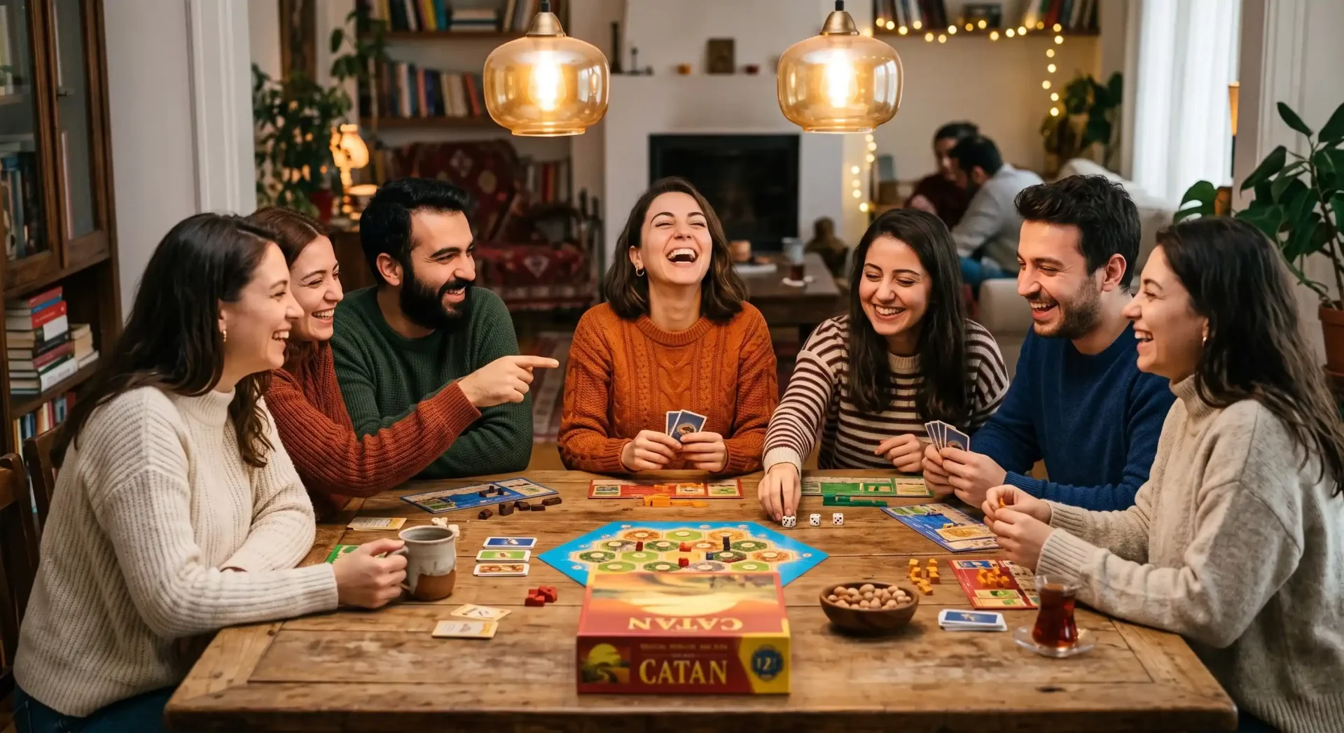 Sıcak ışıklar altında ahşap bir masanın etrafında toplanmış, neşeyle Catan oynayan ve kahkahalara boğulan genç bir arkadaş grubu, hygge yaşam felsefesinin sunduğu huzurlu ve paylaşılan mutluluk anlarını yansıtıyor.