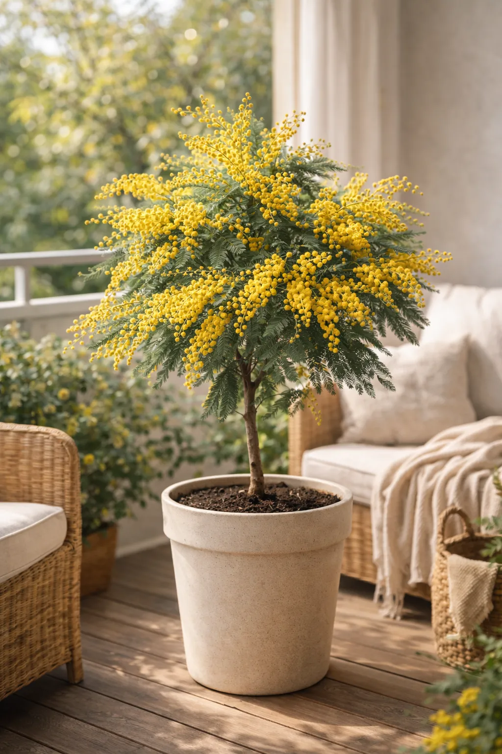 Balkon ortamında büyük saksıda yetiştirilen sarı çiçekli mimoza ağacı (Acacia) bitkisi.