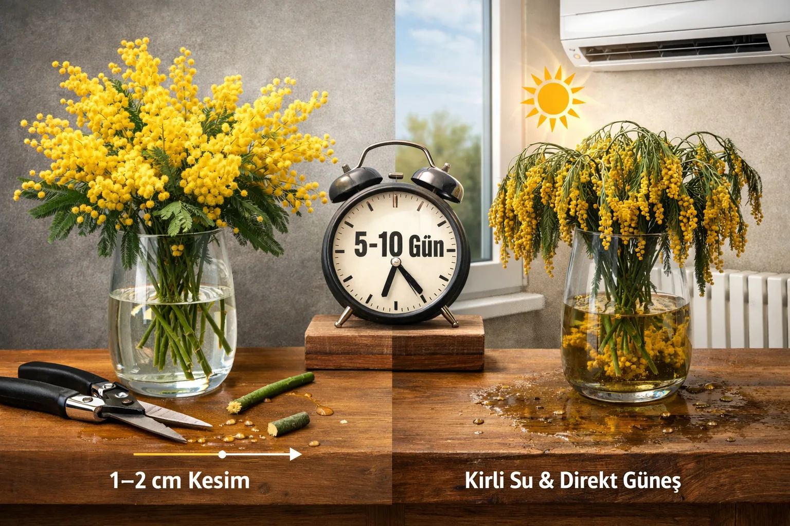 Evde cam vazoda duran iki mimoza aranjmanı; solda taze ve canlı sarı mimoza, sağda kirli su ve direkt güneş nedeniyle solmuş mimoza karşılaştırması.