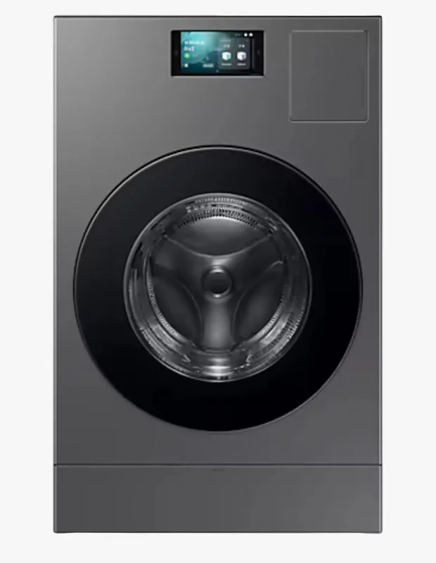 Antrasit gri renkli Samsung marka önden yüklemeli çamaşır makinesi; geniş siyah cam kapak, üst bölümde dokunmatik ekranlı akıllı kontrol paneli ve modern premium tasarım.
