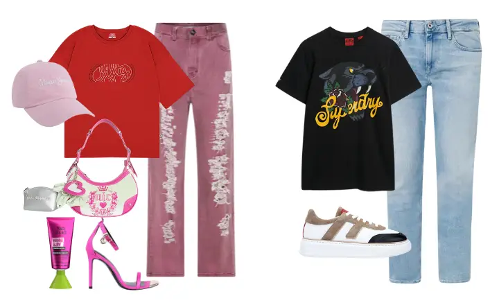 Görselde iki farklı kombin önerisi sunuluyor: solda kırmızı tişört, pembe yıpranmış kot pantolon, pembe şapka, Juicy Couture desenli pembe çanta ve fuşya topuklu sandaletler içeren canlı bir stil, sağda ise siyah panter baskılı tişört, açık mavi kot pantolon ve spor ayakkabılarla daha rahat bir stil tipi gösteriliyor.