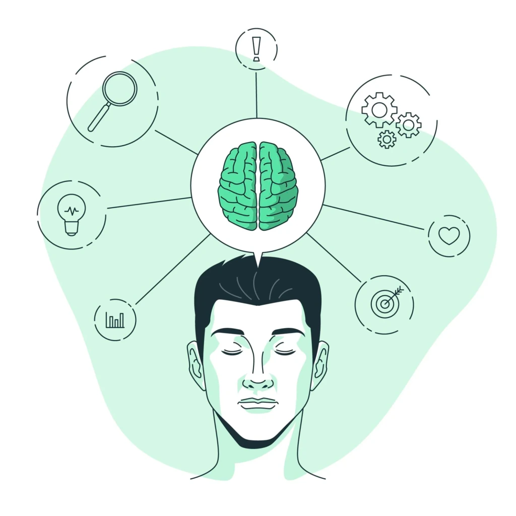 Meditasyon yapan bir adamın zihninde beliren beyin simgesi ve düşünce odaklı simgelerle aşırı düşünmeyi temsil eden vektörel illüstrasyon.