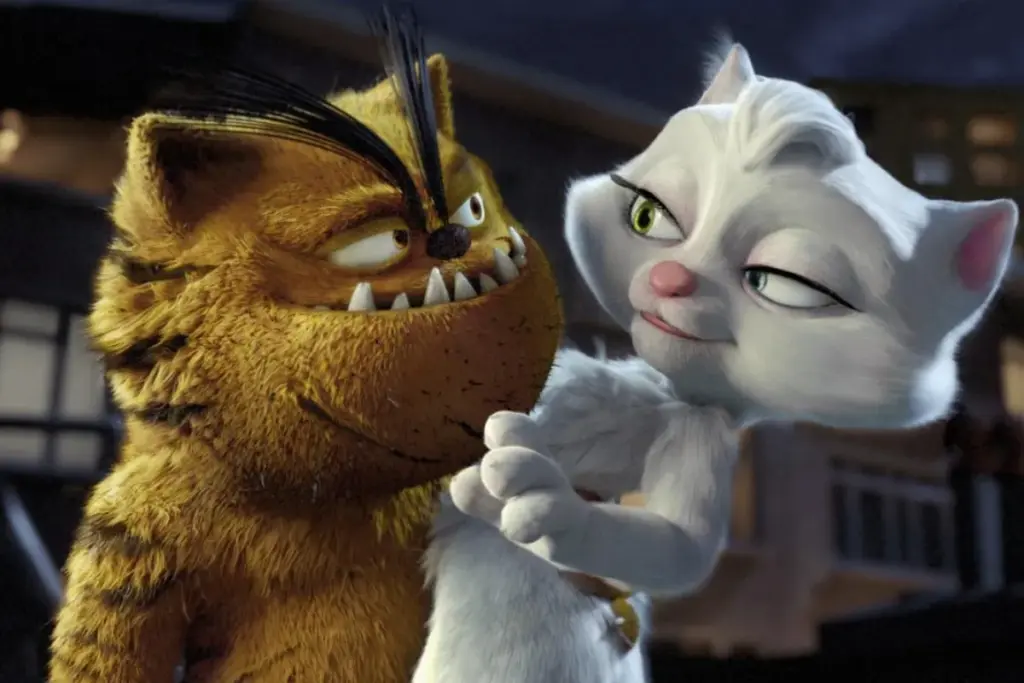 Kedi severlerin izlemesi gereken filmlerden Kötü Kedi Şerafettin animasyon filminde, sivri dişleri ve asi duruşuyla bilinen turuncu kedi Şerafettin, cilveli bir ifadeyle ona bakan beyaz dişi kediyle bir arada görülüyor, bu sahne filmin özgün mizahını yansıtıyor.