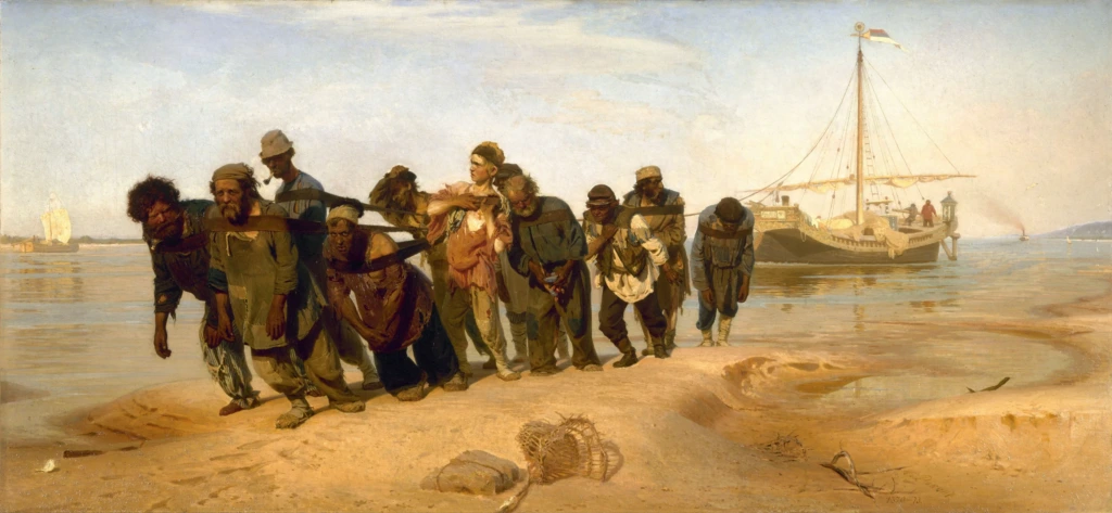 Repin’in ‘Barge Haulers on the Volga’ adlı tablosu, Volga Nehri’nde insanüstü bir çabayla yük çeken işçileri resmederek Rus toplumunun gerçekçi bir portresini sunuyor.