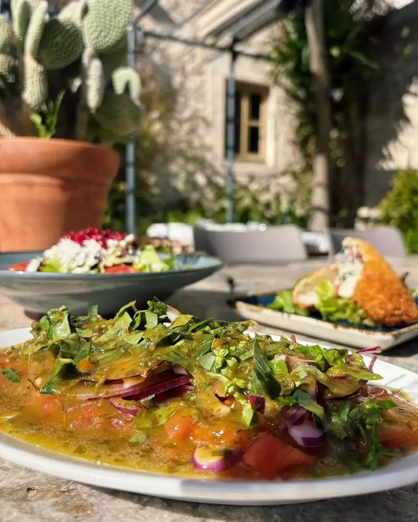 Çeşme'nin otantik atmosferini yansıtan geleneksel taş bir bina ve kaktüs bitkileriyle çevrili açık hava bir restoranda, ön planda taze yeşil soslu domates ve kırmızı soğan salatası, arka planda nar taneli ve peynirli bir salata ile sunulan çeşitli lezzetler.