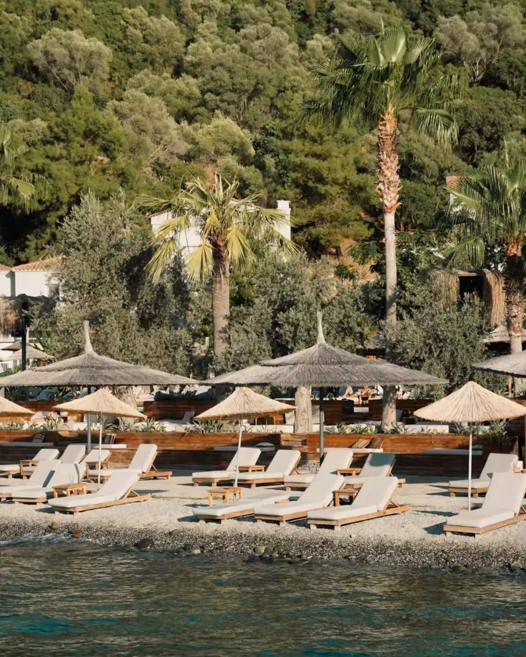 Cooks Club'ın güneşli plajında, çakıllı sahildeki ahşap şezlonglar ve hasır şemsiyeler berrak mavi denize bakarken, ardında yemyeşil ağaçlarla kaplı tepeler yükselerek huzurlu bir tatil ortamı sunuyor.