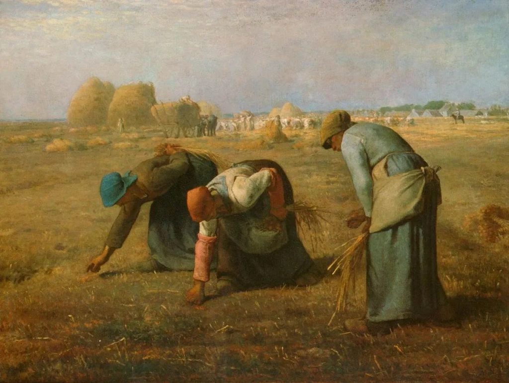 Jean-François Millet'nin ikonik tablosu Des glaneuses, geniş bir buğday tarlasında hasat sonrası yerde kalan başakları özenle toplayan üç kadın köylüyü, uzakta çalışan diğer işçileri ve devasa saman yığınlarını dramatik bir gökyüzü altında tasvir ediyor.