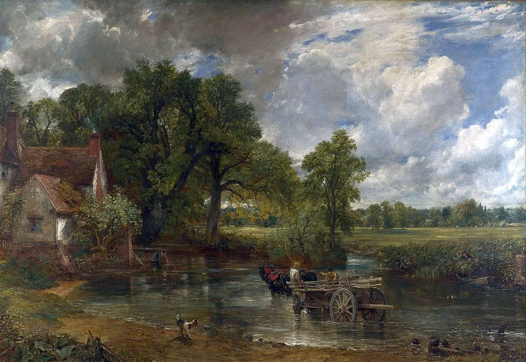 John Constable'a ait, kırsal bir nehir kenarını gösteren bu yağlı boya tabloda, sol tarafta eski bir kır evi ve büyük ağaçlar, nehirde at arabasıyla geçen insanlar ve sağda geniş yeşil çayırlar, üstte ise dramatik bulutlar belirgin.
