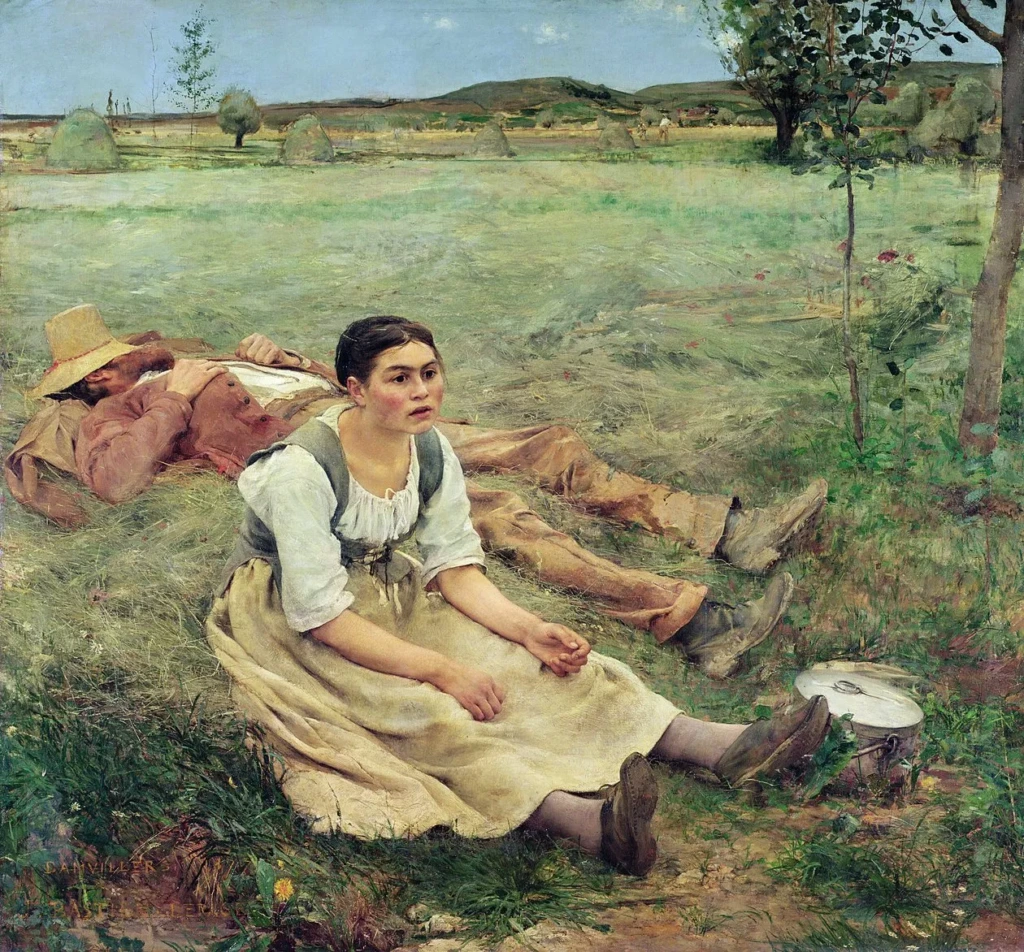 Gerçekçi bir tablo; bir yaz gününde, yeşil otların üzerinde dinlenen, tarlada çalışan bir köylü kadın ile uyuyan hasır şapkalı bir adamı tasvir ediyor. Kadın düşünceli bir ifadeyle oturmuş, önünde bir yemek kabı dururken, arka planda saman balyaları ve uzak tepeler görülüyor.