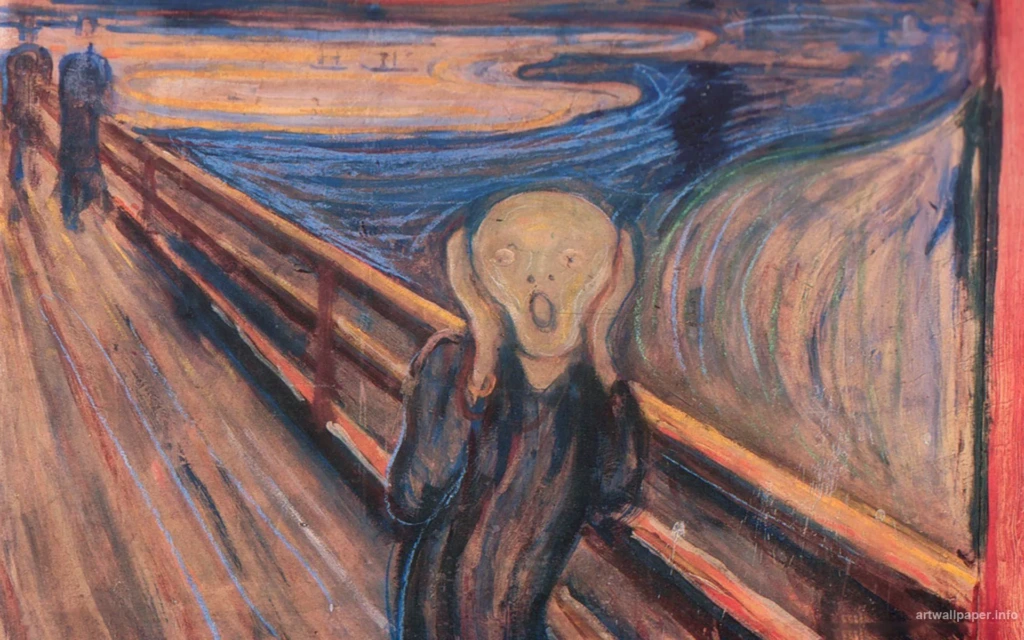 Edvard Munch’un The Scream eserinden detay: Figürün yüz ifadesi ve arka planın kıvrımlı renk geçişleri yakından görünümde.