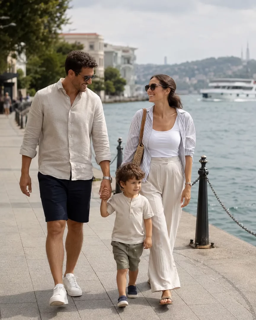 Bir baba, eşi ve küçük oğullarıyla birlikte sahil kenarında güneşli bir havada keyifli bir yürüyüş yaparken, babanın üzerindeki keten gömlek ve şort kombinasyonu, bu hafta sonu stili önerisinin rahat ve şık bir baba stili örneğini sunuyor.