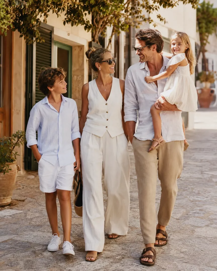 Güneşli bir tatil kasabasının taşlı sokaklarında yürüyen neşeli bir aile, baba kızını kucağında taşırken anne ve oğluyla gülümsüyor; herkesin yazlık stili dikkat çekerken, özellikle babanın şık ve rahat tarzlı baba stili aileyle tatil için ideal bir görüntü sunuyor.