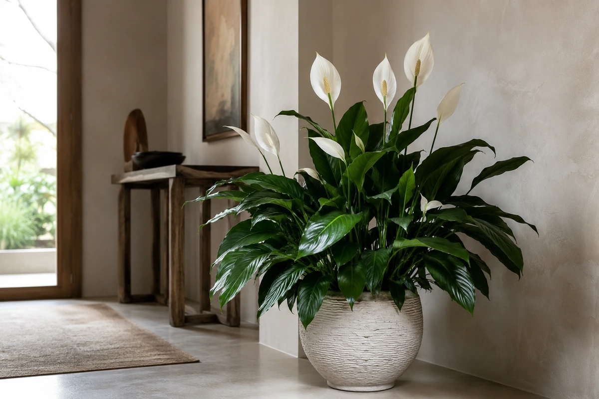 Açık renkli dokulu bir saksıda, parlak koyu yeşil yaprakları ve belirgin beyaz çiçekleriyle gösterişli bir Barış Çiçeği (Spathiphyllum), iç mekanda havadaki toksinleri temizleyerek ev atmosferine huzur katıyor.