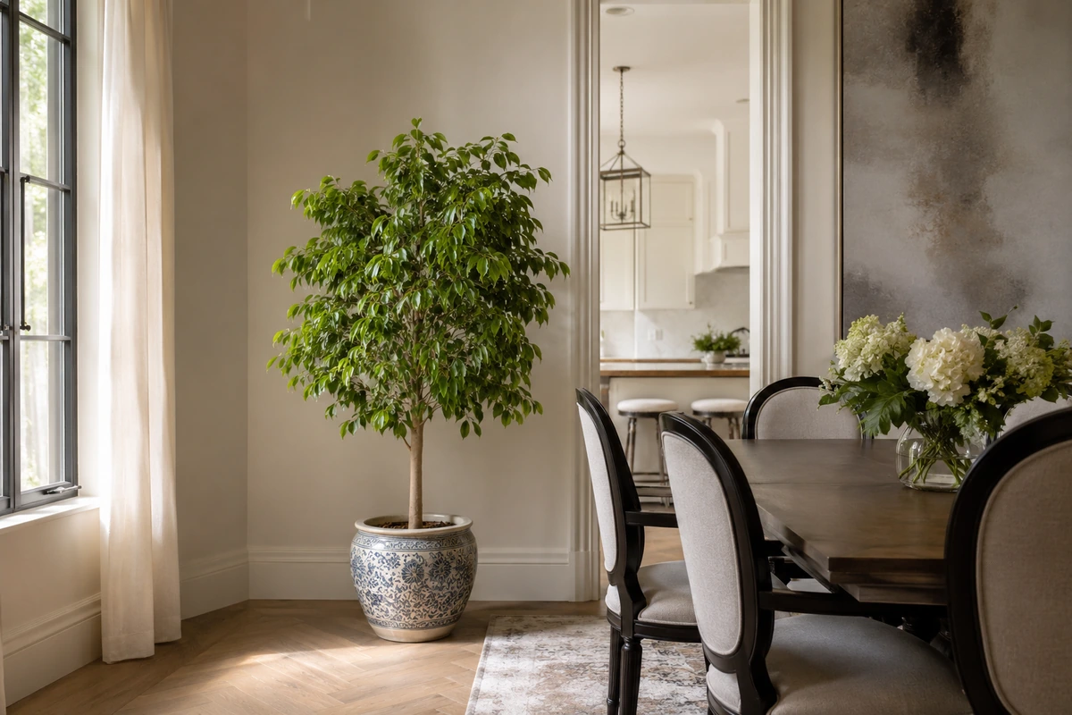 Aydınlık ve modern bir yemek odasının köşesinde, koyu renkli ahşap bir masanın ve sandalyelerin yanında, havayı temizleyen bitkiler arasında popüler olan büyük bir Benjamin ficus (Ficus benjamina) ağacı, mavi beyaz desenli şık bir saksı içinde duruyor.