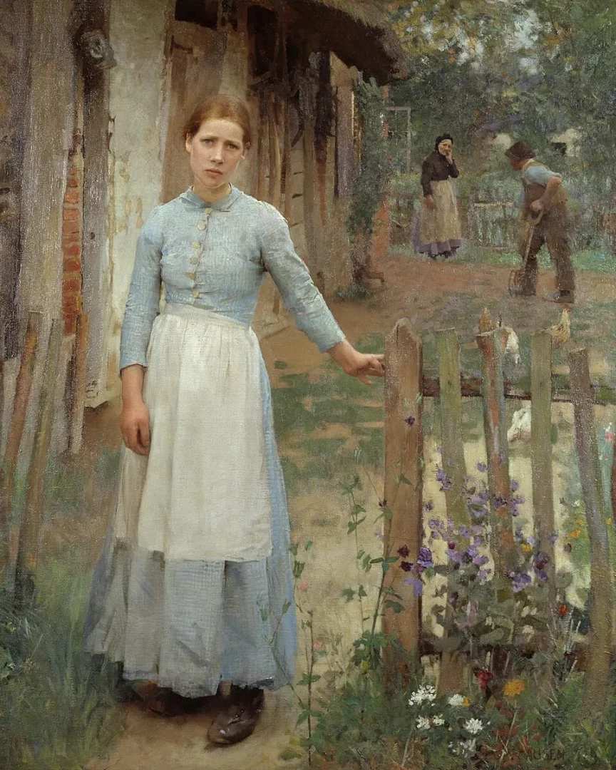 George Clausen'ın Kapıdaki Kız tablosu, hüzünlü ve doğrudan izleyiciye bakan, mavi elbiseli ve beyaz önlüklü genç bir kadının ahşap bir kapıya yaslanmış anını, arka planda bahçede çalışan iki figürle kırsal bir atmosferde sunar.